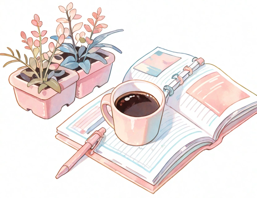 ノートとコーヒーの水彩イラスト