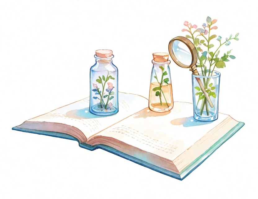 本と小瓶の水彩イラスト