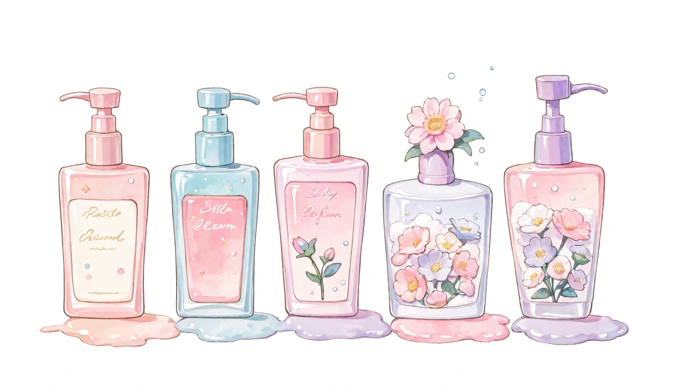 パステルカラーのコスメボトルの水彩イラスト